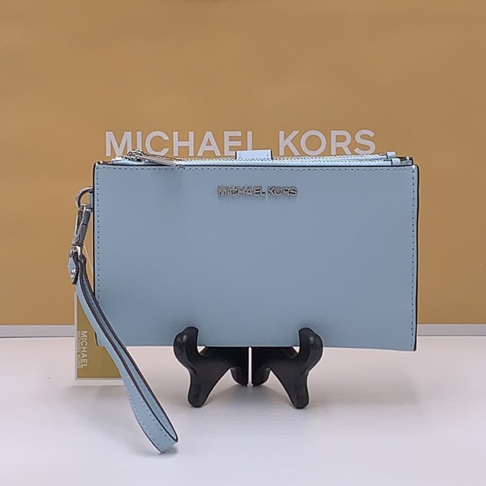 MICHAEL KORS JET SET TRAVEL 35F8GTVWOL VISTA BLUE LG DOUBLE ZIP WRSTLT LEATHER - Picture 10 of 14
